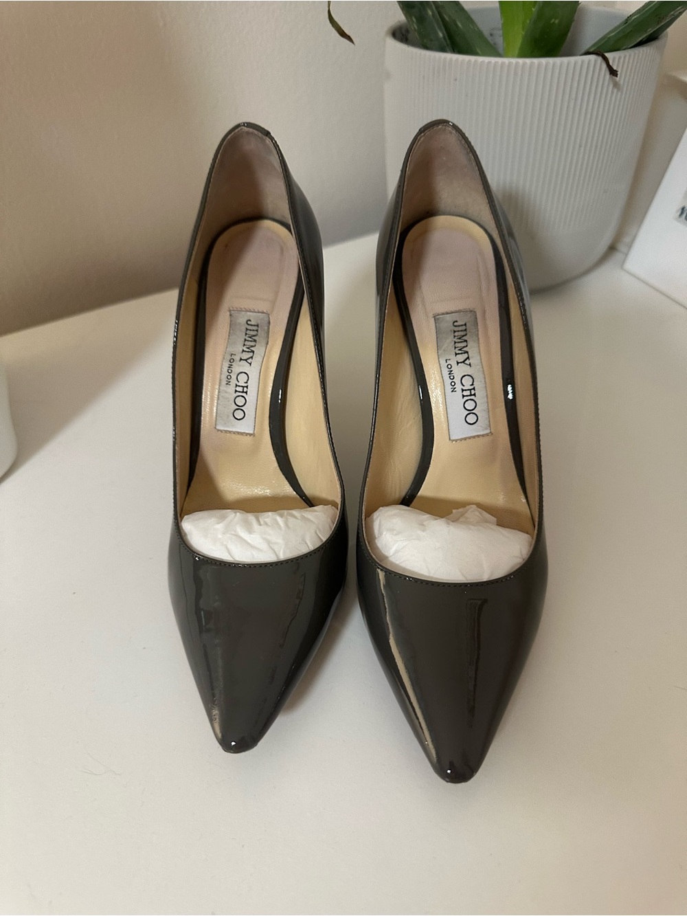 Jimmy Choo Taupe Patent Leather Pointed-Toe Pumps